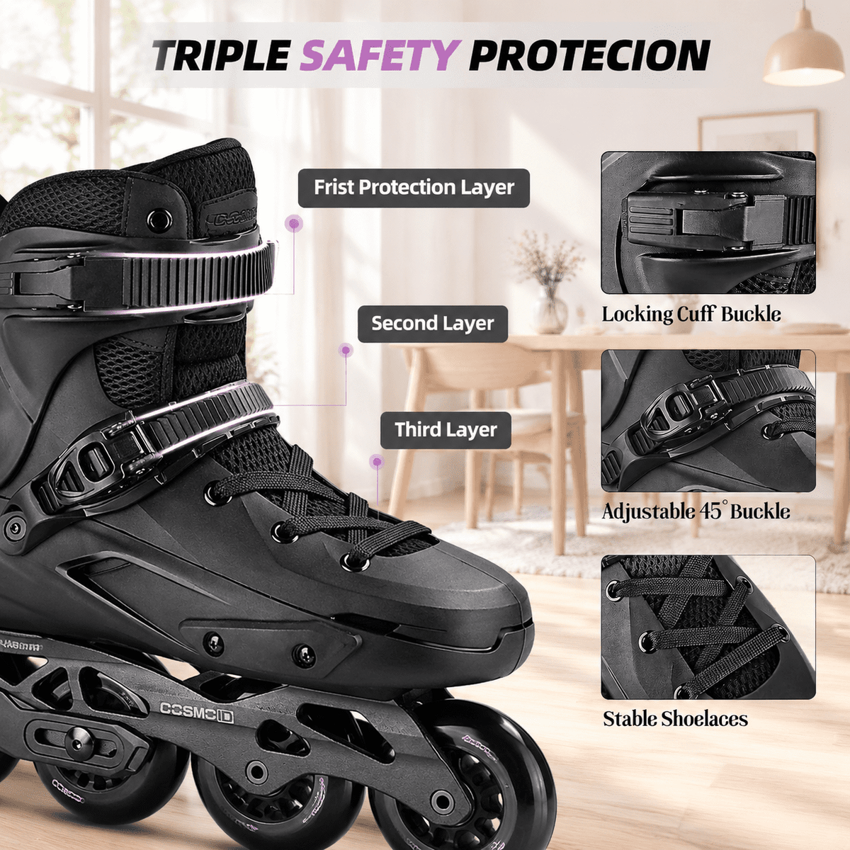 Black USM8-9/USL9-9.5 Professional Inline Skates for Adult Men and Women