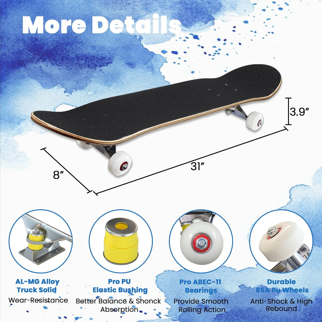 Complete Skateboard Colorful Splash Art Headphones 31 Inch 7-Ply Maple Skateboard with PU Wheels and Aluminum Trucks, Ready-to-Ride Skateboard for Beginners, Teens and Adults