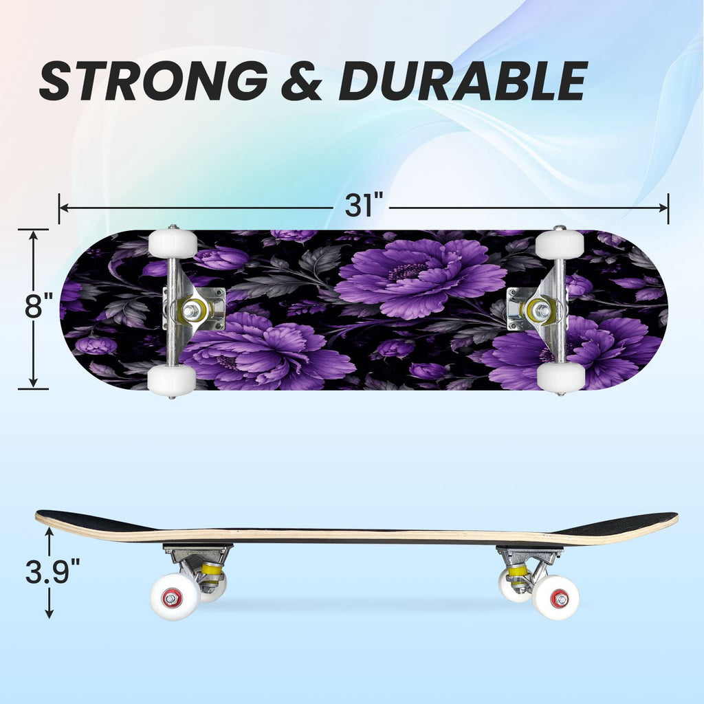 31"x8" Complete Skateboards for Beginners, Purple Celestial Moon Sun Art Floral Stars Double Kick 7 Ply Canadian Maple Deck Skateboard with Wheels, Gifts for Kids Teens