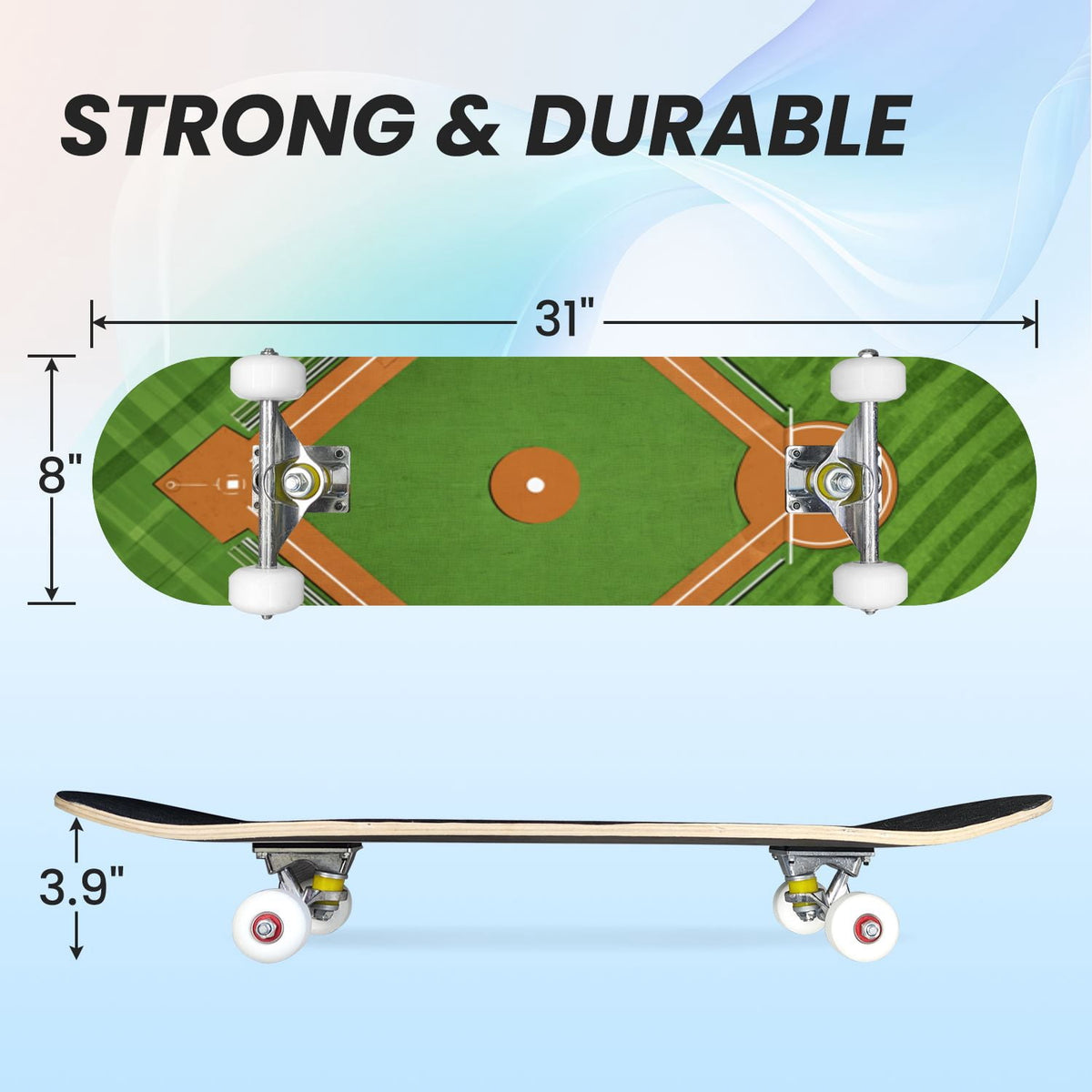 31"x8" Complete Skateboards for Beginners,Close up Baseball Red Stitches Leather Double Kick 7 Ply Canadian Maple Deck Skateboard with Wheels, Sports Gifts for Kids Teens