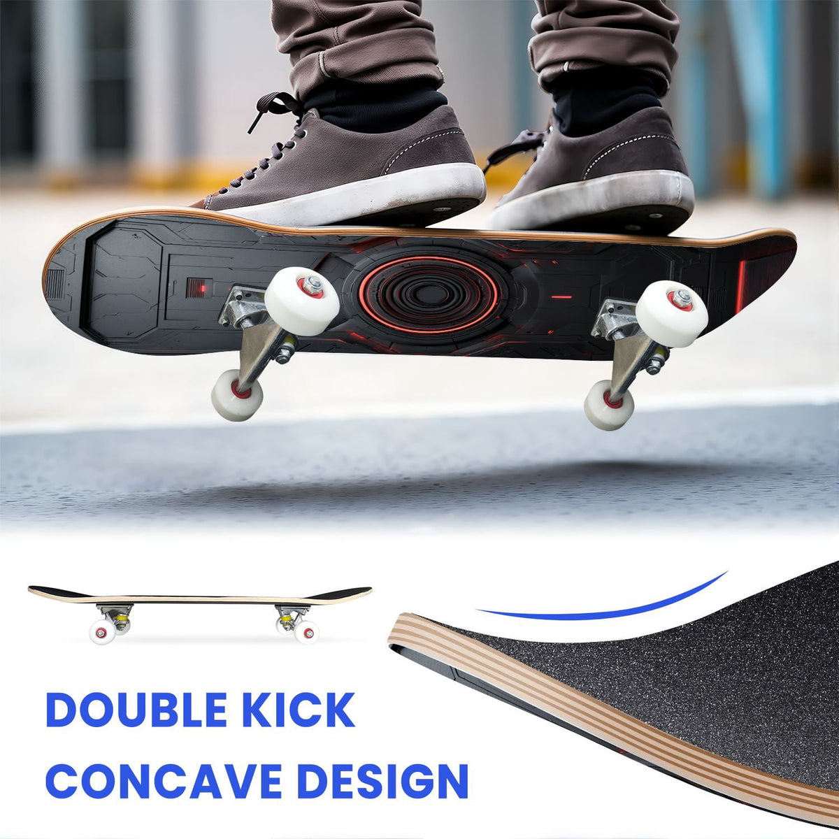 31"x8" Complete Skateboards for Beginners,Geometric Hexagon Glowing Neon Blue Purple Double Kick 7 Ply Canadian Maple Deck Skateboard with Wheels, Gifts for Kids Teens