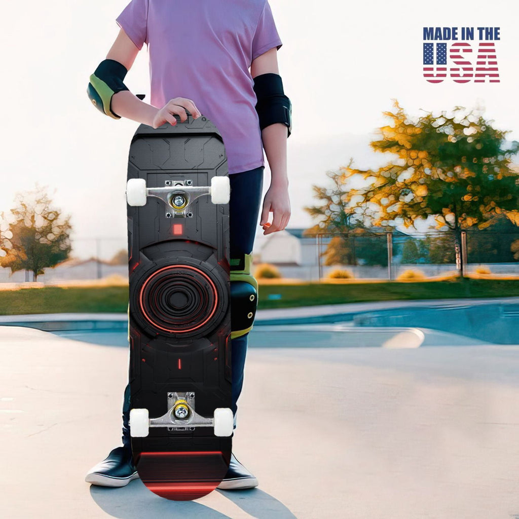 31"x8" Complete Skateboards for Beginners,Geometric Hexagon Glowing Neon Blue Purple Double Kick 7 Ply Canadian Maple Deck Skateboard with Wheels, Gifts for Kids Teens