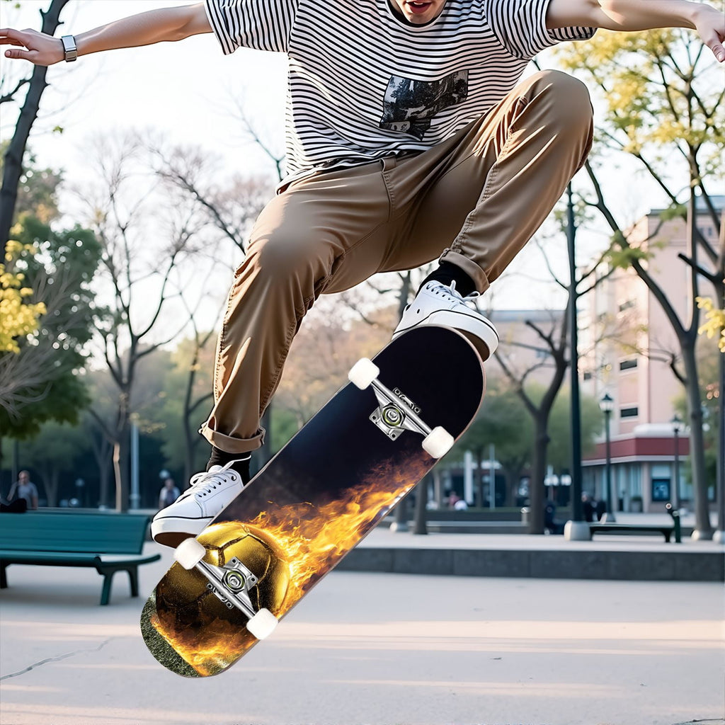 31"x8" Complete Skateboards for Beginners,Orange Basketball Hoop Blue Sky Clouds Double Kick 7 Ply Canadian Maple Deck Skateboard with Wheels, Gifts for Kids Teens