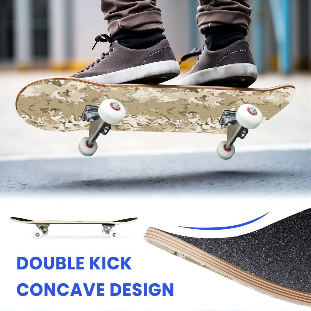 31"x8" Complete Skateboards for Beginners,Desert Camouflage Beige Tan Cream Organic Abstract Shapes Double Kick 7 Ply Canadian Maple Deck Skateboard with Wheels, Gifts for Kids Teens