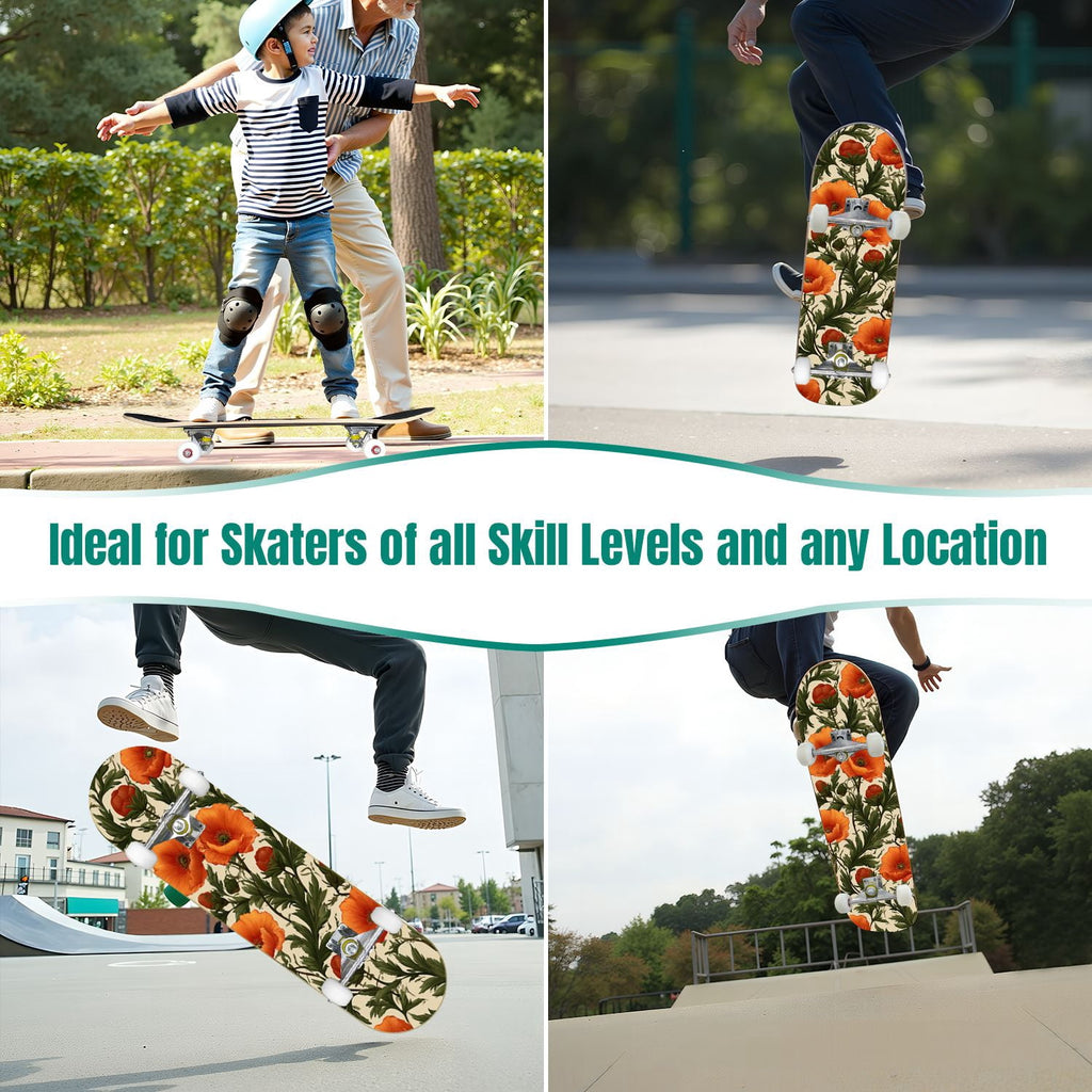 Monstera Leaves Leopard Print Seamless Earth Tones 31" x 8" Complete Skateboard, 7-Ply Canadian Maple Double Kick Trick Board for Kids and Beginners Adult Gifts