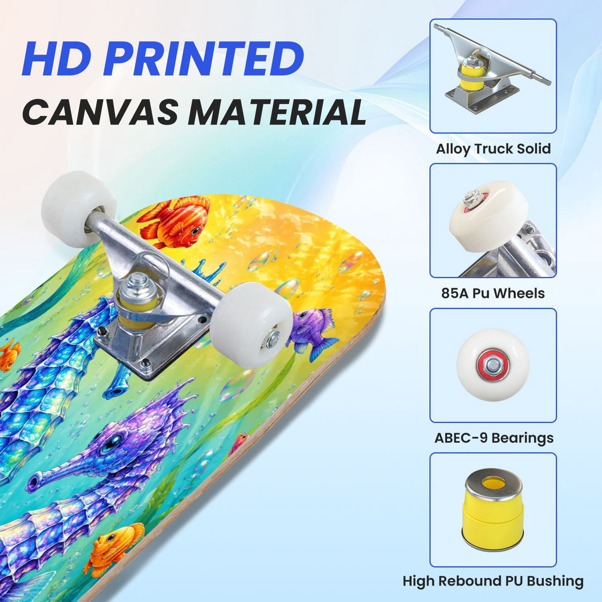 31"x8" Complete Skateboards for Beginners, Colorful Underwater Two Seahorses Coral Reefs Double Kick 7 Ply Canadian Maple Deck Skateboard with Wheels, Gifts for Kids Teens