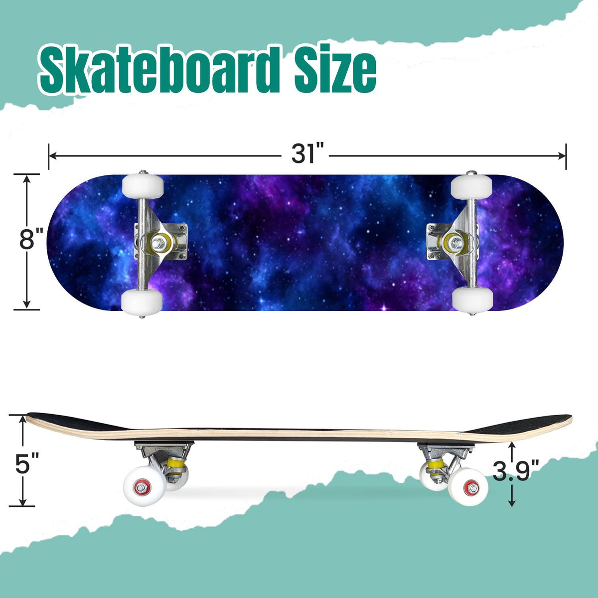 Vibrant Purple Blue Cosmic Galaxy Stars Nebula Clouds 31" x 8" Complete Skateboard, 7-Ply Canadian Maple Double Kick Trick Board for Kids and Beginners Adult Gifts