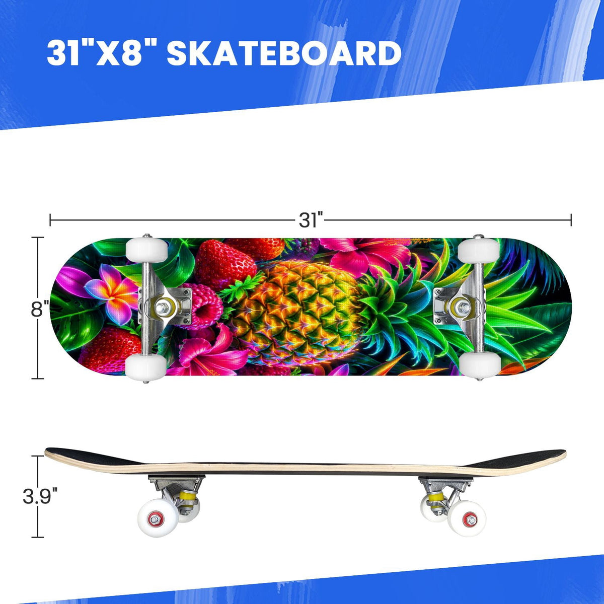Complete Skateboard Colorful Hearts Graffiti 31 Inch 7-Ply Maple Skateboard with PU Wheels and Aluminum Trucks, Ready-to-Ride Skateboard for Beginners, Teens and Adults