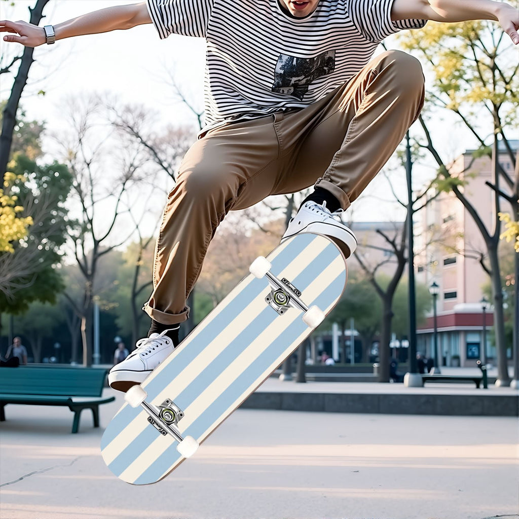 31"x8" Complete Skateboards for Beginners, Soft Blue Cream Striped Design Double Kick 7 Ply Canadian Maple Deck Skateboard with Wheels, Gifts for Kids Teens
