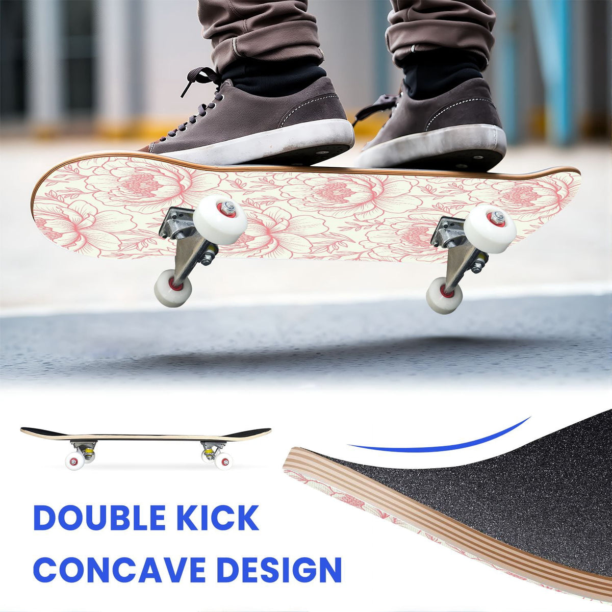 31"x8" Complete Skateboards for Beginners, Seamless Pink Peony Floral Cream Double Kick 7 Ply Canadian Maple Deck Skateboard with Wheels, Gifts for Girls Teens