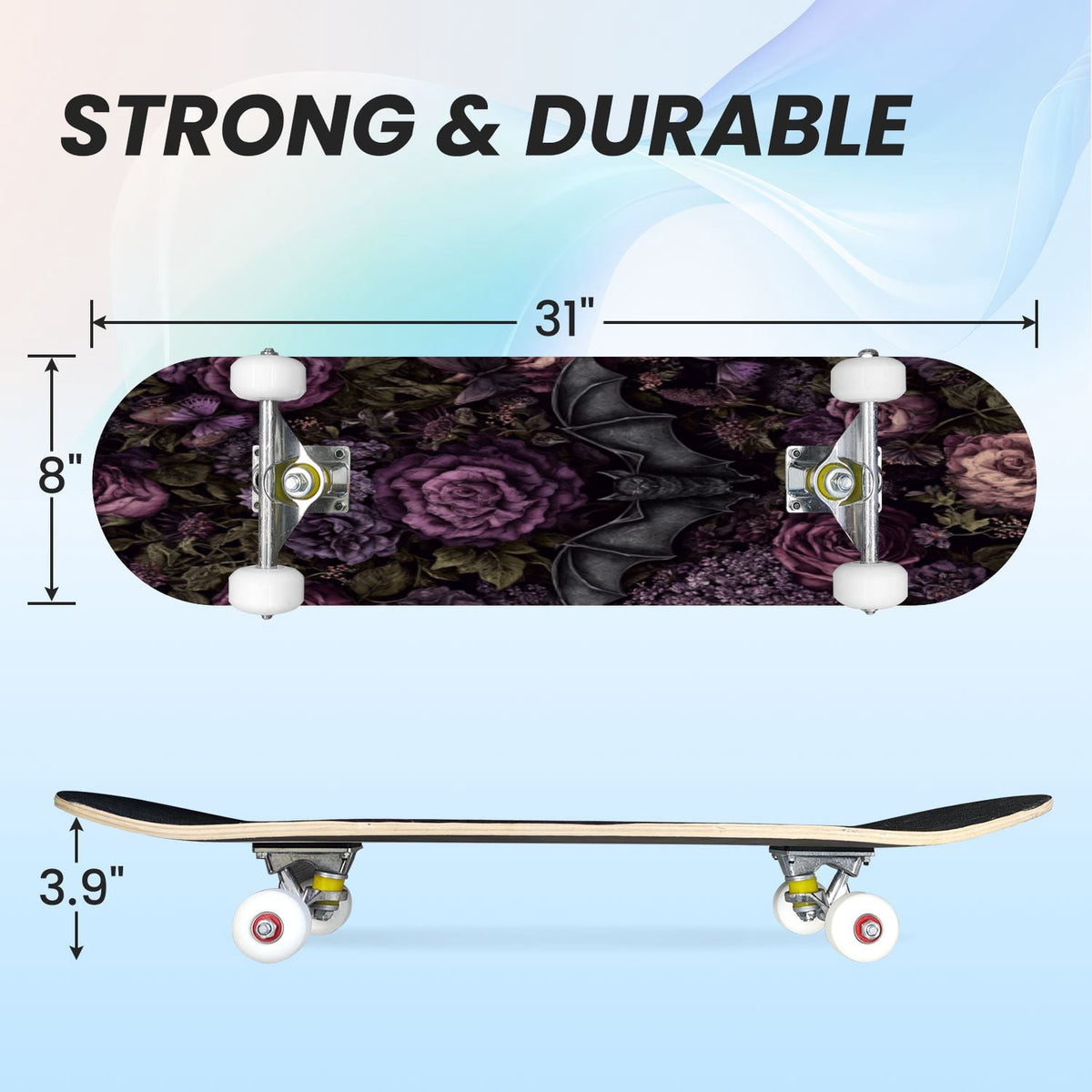 31"x8" Complete Skateboards for Beginners, Ethereal Night Garden Roses Starry Sky Dark Academia Double Kick 7 Ply Canadian Maple Deck Skateboard with Wheels, Gifts for Kids Teens