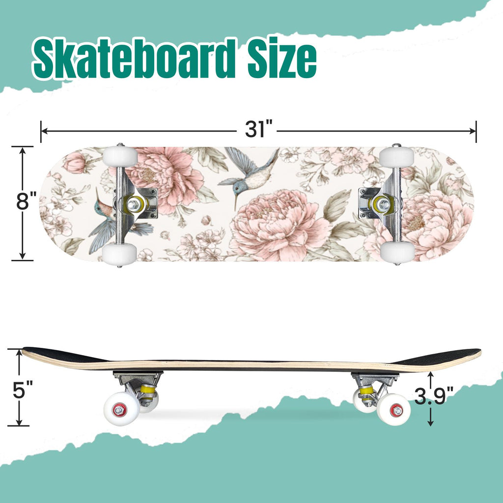 Botanical Floral Peonies Hummingbirds 31" x 8" Complete Skateboard, 7-Ply Canadian Maple Double Kick Trick Board for Kids and Beginners Adult Gifts