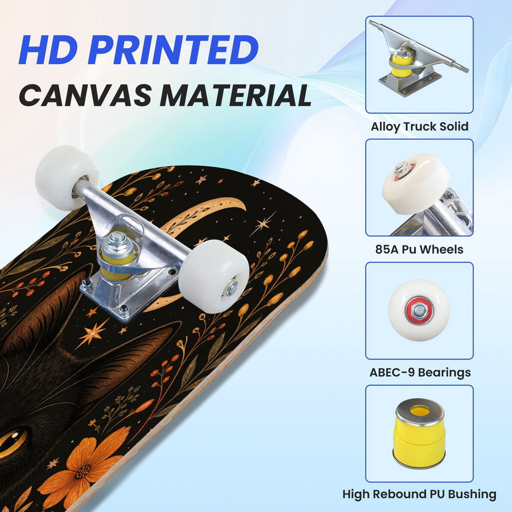 31"x8" Complete Skateboards for Beginners,Vintage Botanical Skull Flowers Elements Dark Double Kick 7 Ply Canadian Maple Deck Skateboard with Wheels, Gifts for Kids Teens