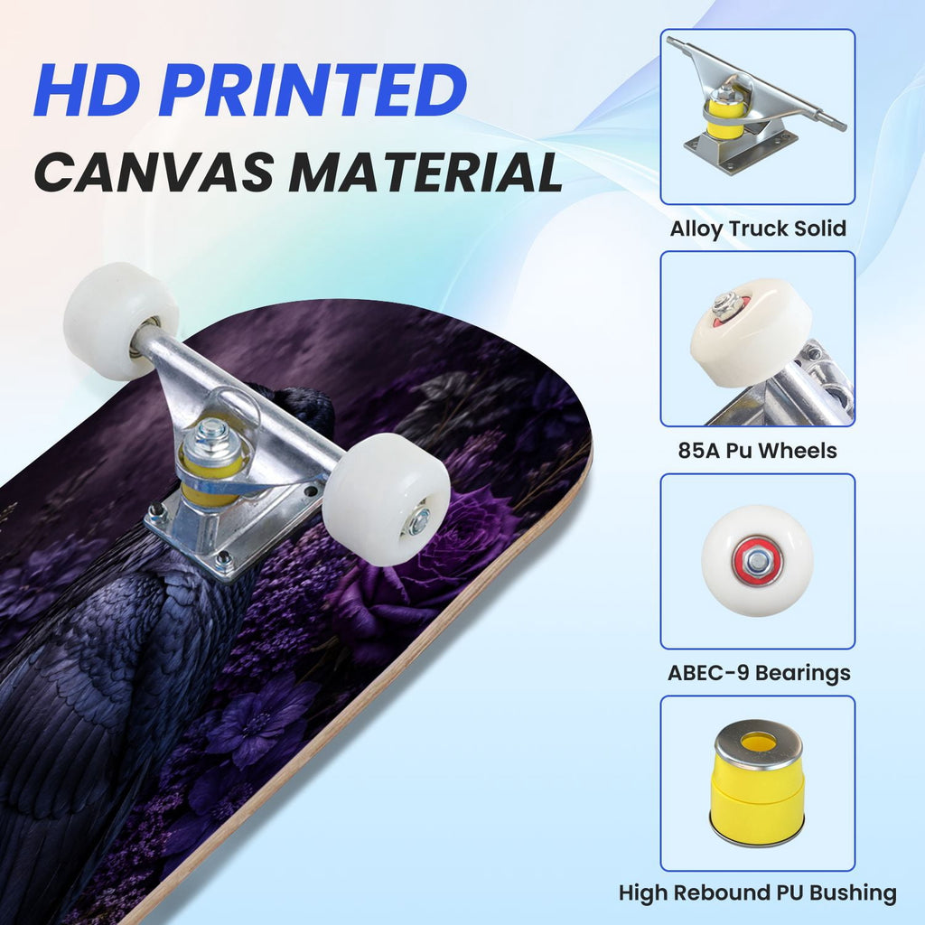 31"x8" Complete Skateboards for Beginners, Colorful Mushroom Floral Magical Night Forest Vintage Double Kick 7 Ply Canadian Maple Deck Skateboard with Wheels, Gifts for Kids Teens