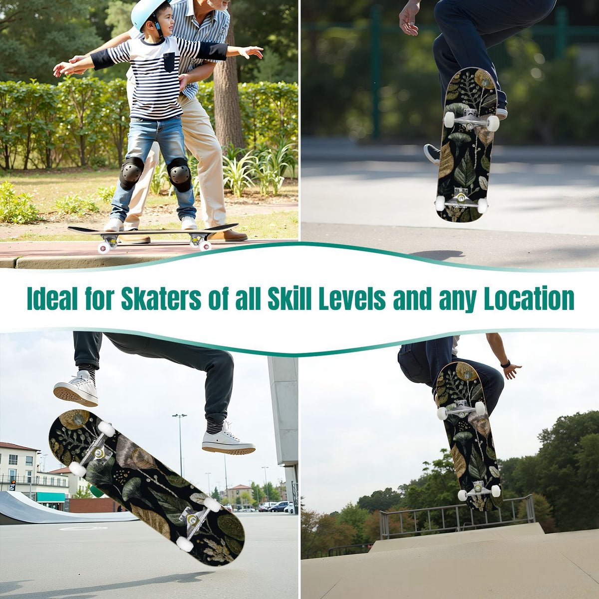 Botanical Embroidery Golden Green Leaves Black 31" x 8" Complete Skateboard, 7-Ply Canadian Maple Double Kick Trick Board for Kids and Beginners Adult Gifts