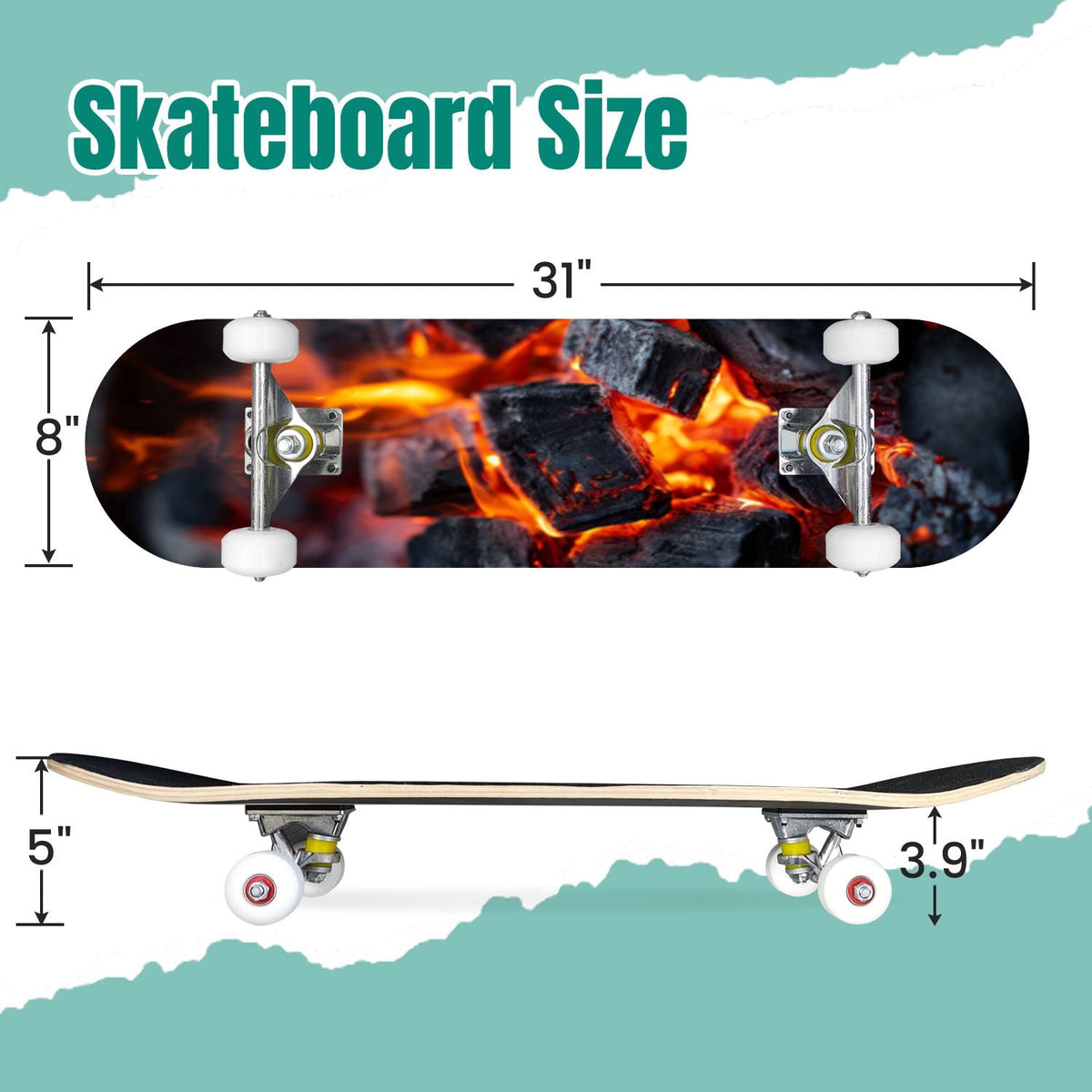 Vintage Damask Light Blue Brown Tones 31" x 8" Complete Skateboard, 7-Ply Canadian Maple Double Kick Trick Board for Kids and Beginners Adult Gifts