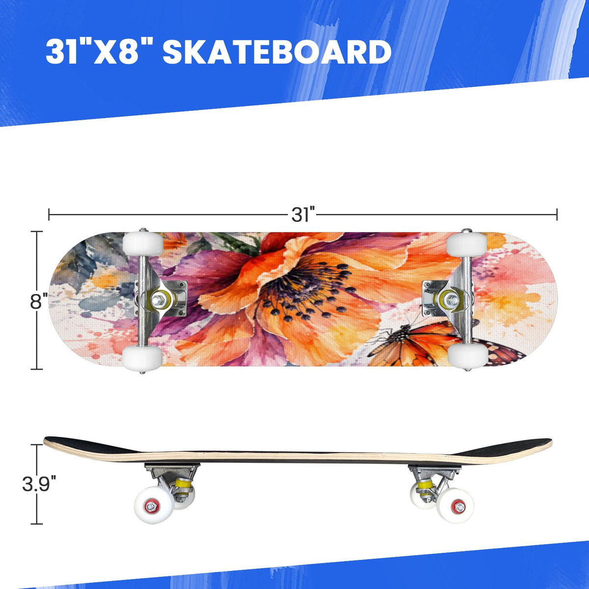 Complete Skateboard Vibrant Brush Stroke Art 31 Inch 7-Ply Maple Skateboard with PU Wheels and Aluminum Trucks, Ready-to-Ride Skateboard for Beginners, Teens and Adults