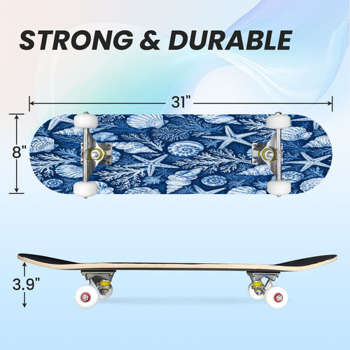 31"x8" Complete Skateboards for Beginners, Seashell Starfish Blue White Nautical Marine Life Double Kick 7 Ply Canadian Maple Deck Skateboard with Wheels, Gifts for Kids Teens