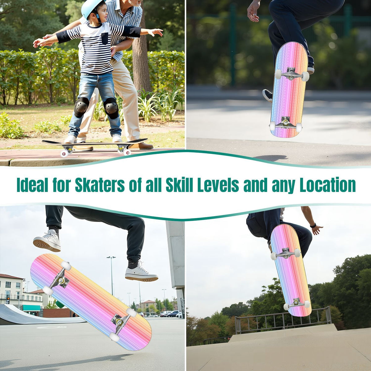 31"x8" Complete Skateboards for Beginners,Watercolor Watermelon Slices Pink Striped Double Kick 7 Ply Canadian Maple Deck Skateboard with Wheels, Gifts for Kids Teens