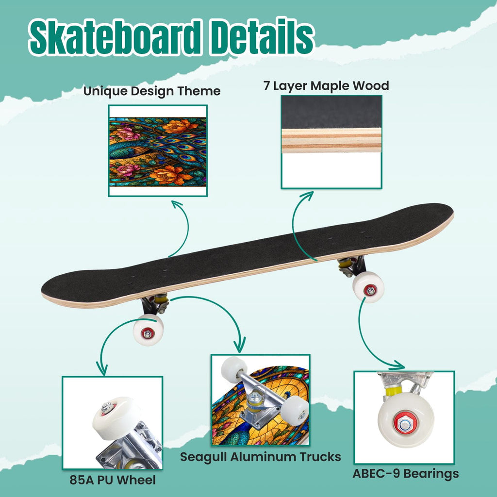 Abstract Geometric Curved Shapes Earthy Tones 31" x 8" Complete Skateboard, 7-Ply Canadian Maple Double Kick Trick Board for Kids and Beginners Adult Gifts
