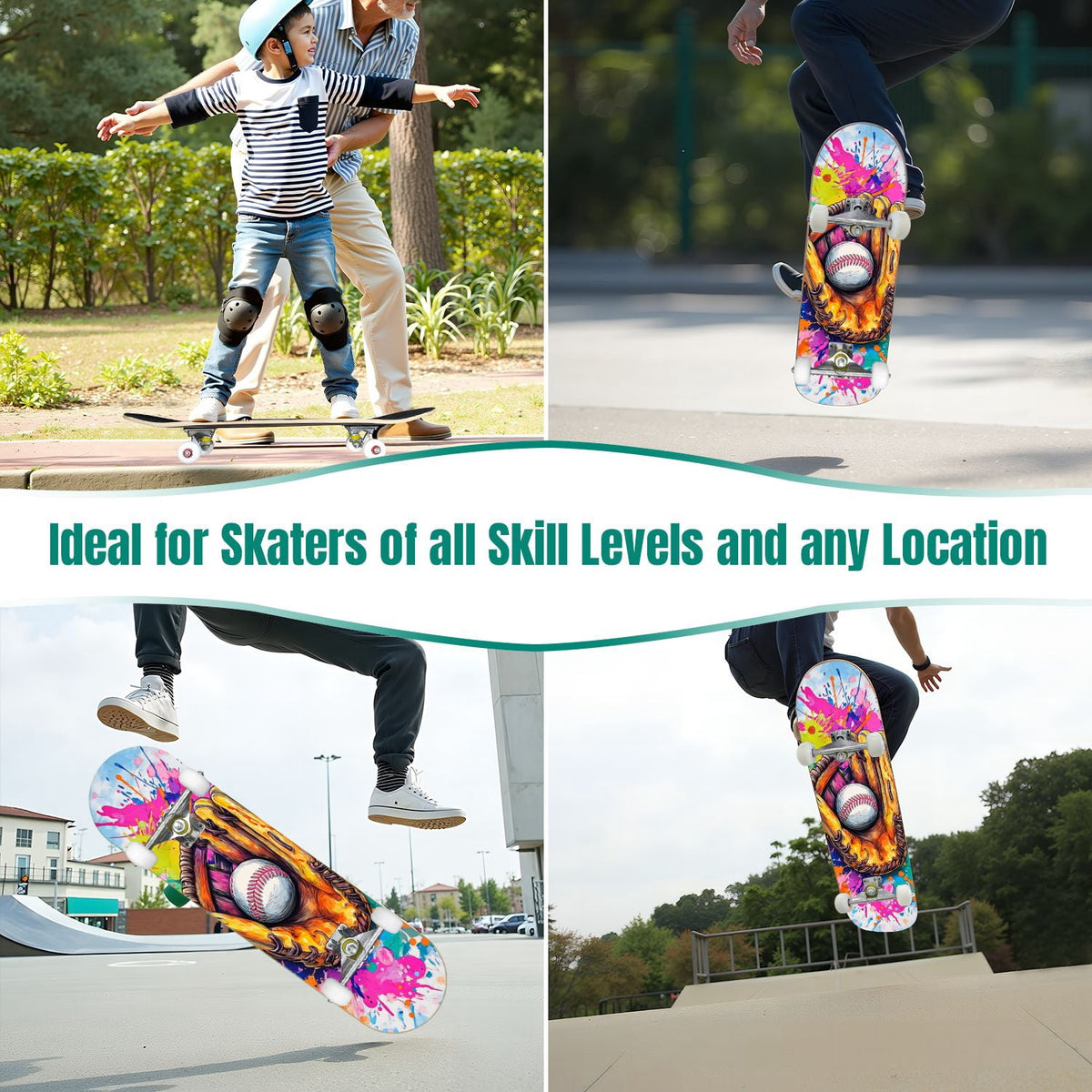 31"x8" Complete Skateboards for Beginners,Vintage Baseball Worn Red Stitches Rustic Double Kick 7 Ply Canadian Maple Deck Skateboard with Wheels, Sports Gifts for Kids Teens