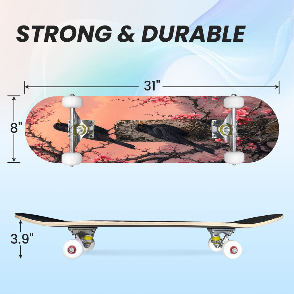 31"x8" Complete Skateboards for Beginners,Vintage Botanical Moth Autumn Leaves Mushrooms Double Kick 7 Ply Canadian Maple Deck Skateboard with Wheels, Gifts for Kids Teens