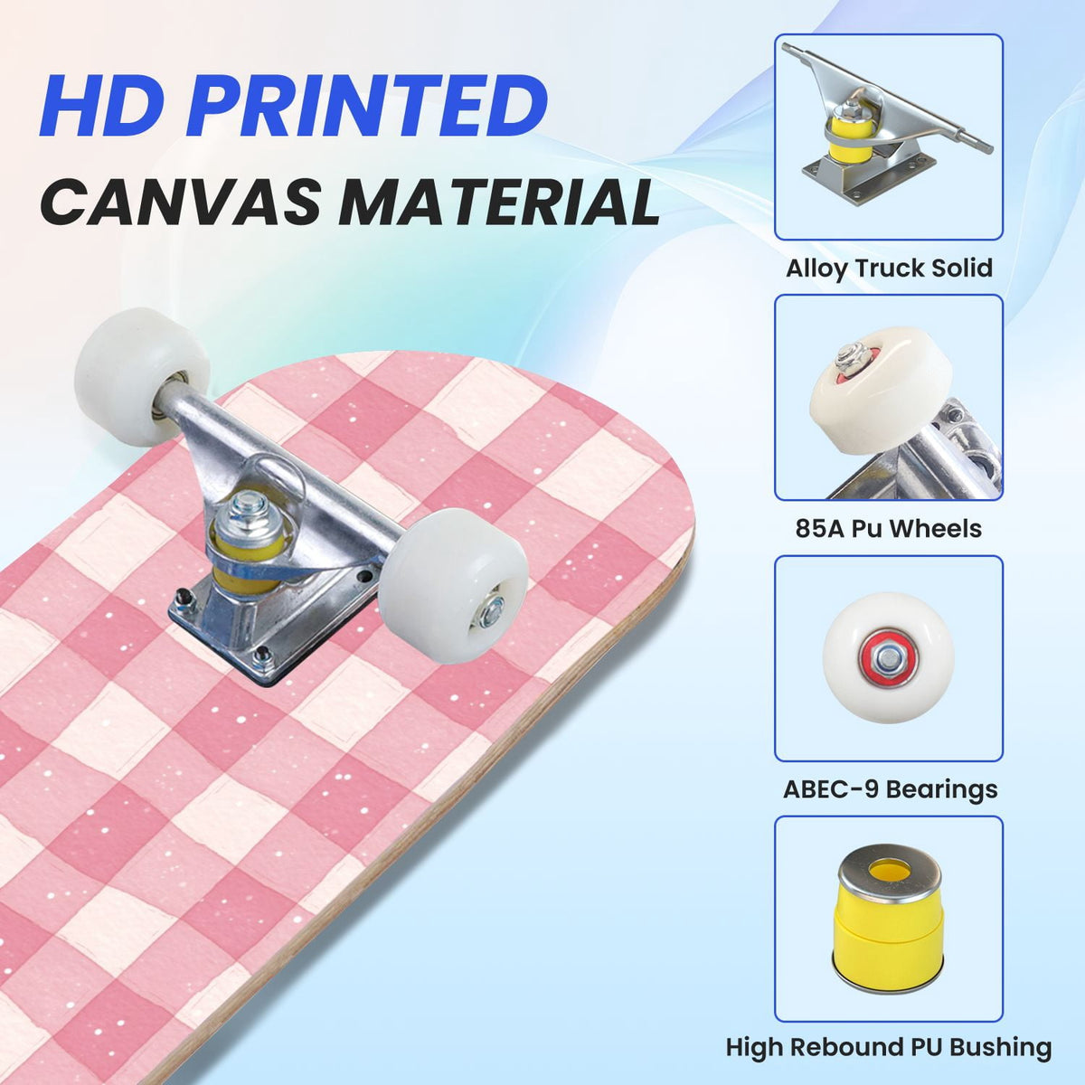 31"x8" Complete Skateboards for Beginners,Pink White Gingham Checkered Subtle Double Kick 7 Ply Canadian Maple Deck Skateboard with Wheels, Gifts for Kids Teens