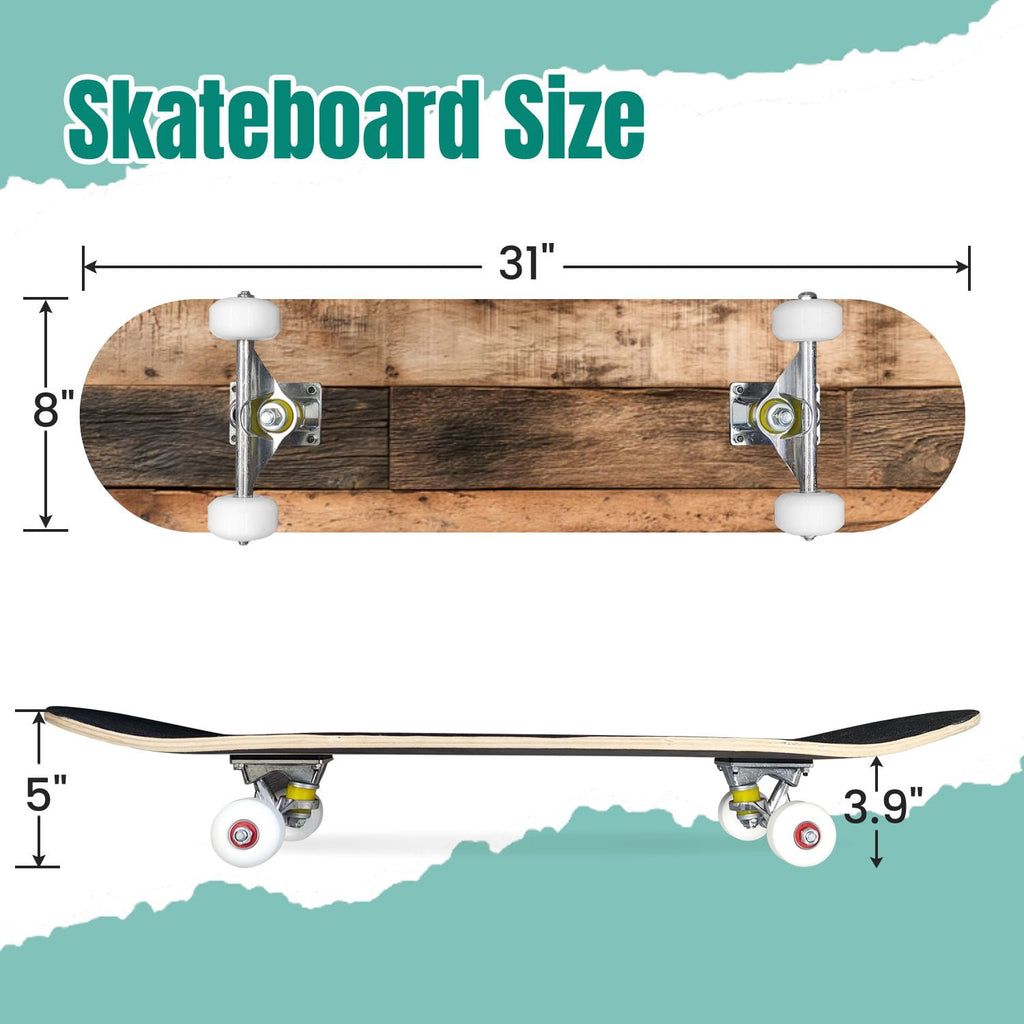 Watercolor Floral Shades Blue Grey Leaves 31" x 8" Complete Skateboard, 7-Ply Canadian Maple Double Kick Trick Board for Kids and Beginners Adult Gifts