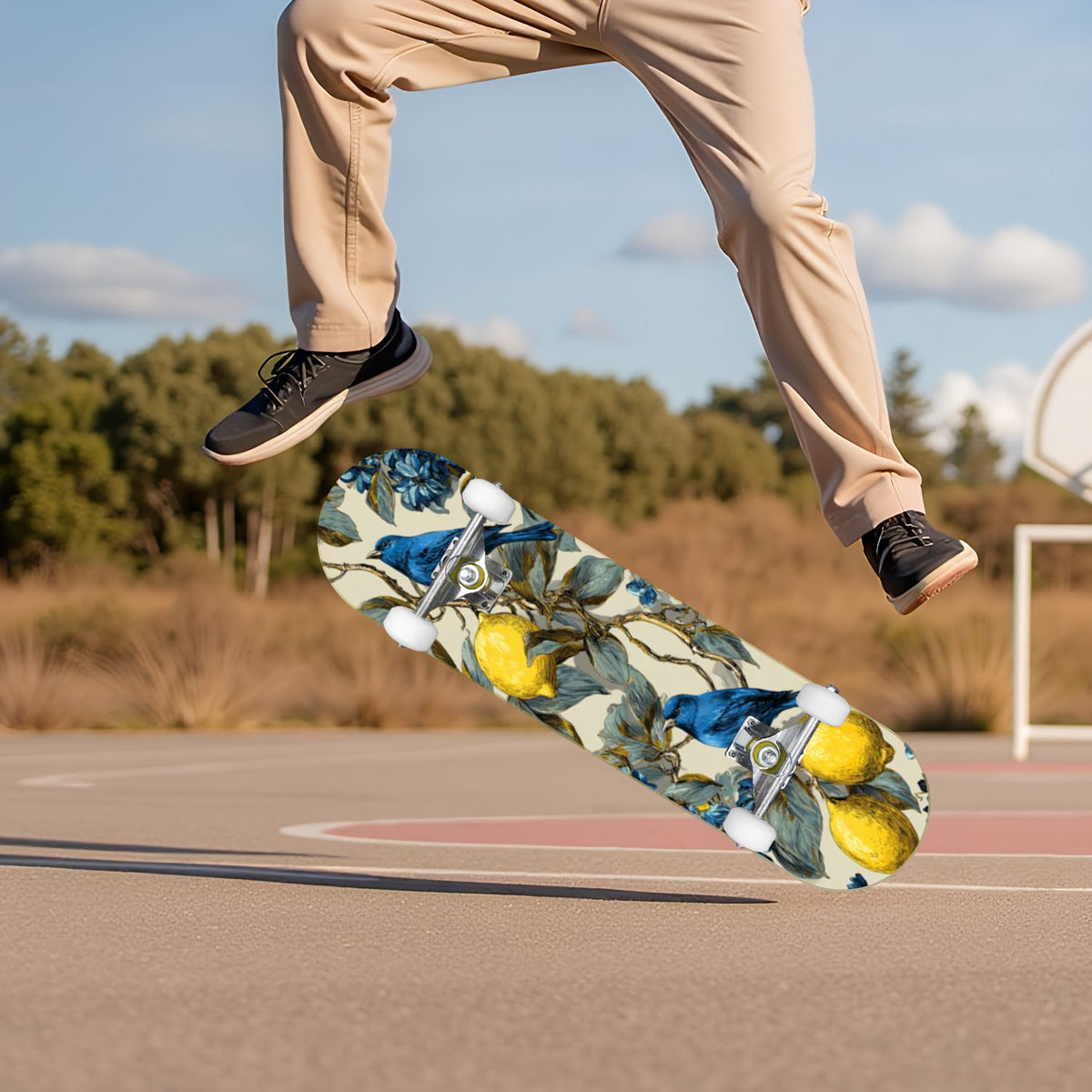 Botanical Birds Lemons Flowers Blue 31" x 8" Complete Skateboard, 7-Ply Canadian Maple Double Kick Trick Board for Kids and Beginners Adult Gifts