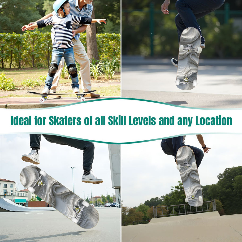 Beige Waves Flowing Lines 3D Effect 31" x 8" Complete Skateboard, 7-Ply Canadian Maple Double Kick Trick Board for Kids and Beginners Adult Gifts