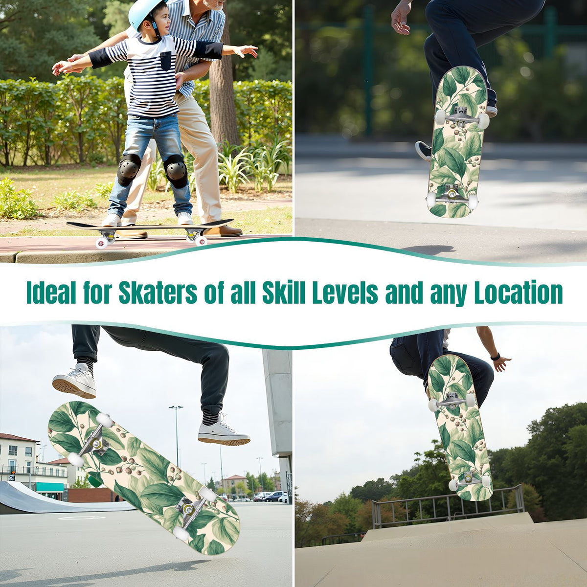 Botanical Floral Peonies Hummingbirds 31" x 8" Complete Skateboard, 7-Ply Canadian Maple Double Kick Trick Board for Kids and Beginners Adult Gifts