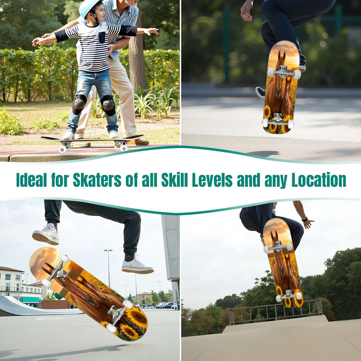 Rose Teal Rose Painting Turquoise Blue Flower Kitchen Decor 31" x 8" Complete Skateboard, 7-Ply Canadian Maple Double Kick Trick Board for Kids and Beginners Adult Gifts