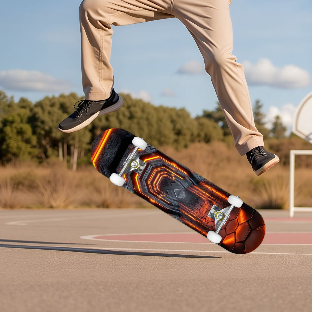 Futuristic Glowing Orange Neon Lines Dark Metallic Panels 31" x 8" Complete Skateboard, 7-Ply Canadian Maple Double Kick Trick Board for Kids and Beginners Adult Gifts