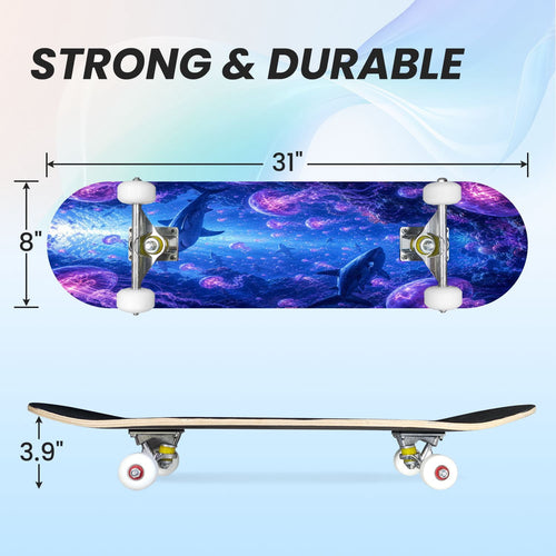 31"x8" Complete Skateboards for Beginners, Underwater Sharks Glowing Purple Jellyfish Marine Life Double Kick 7 Ply Canadian Maple Deck Skateboard with Wheels, Gifts for Kids Teens