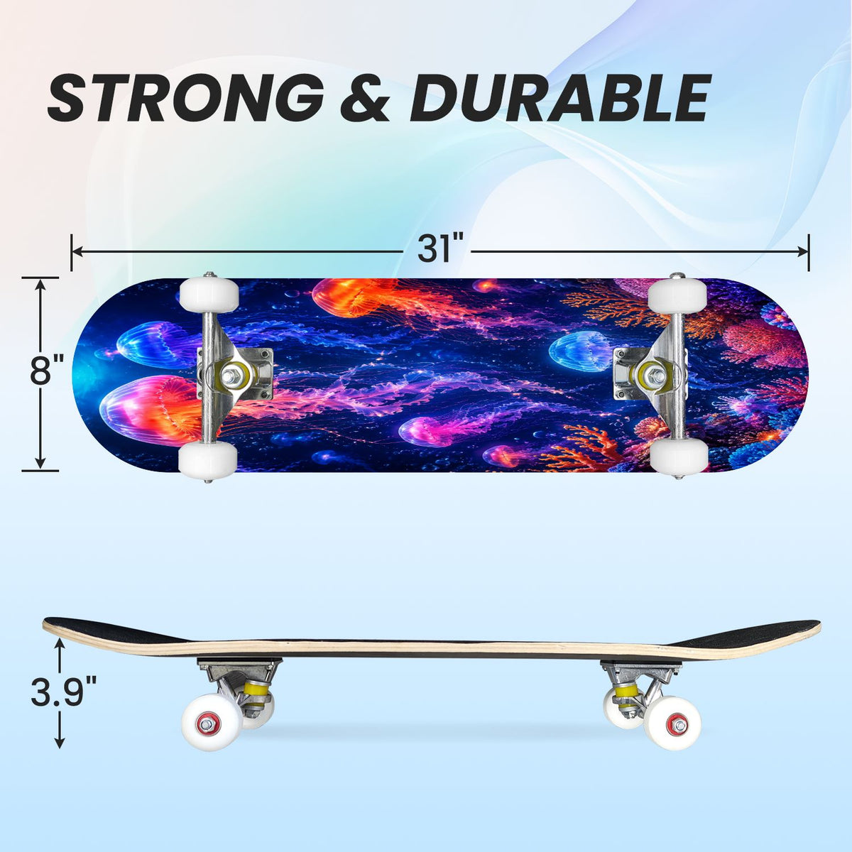 31"x8" Complete Skateboards for Beginners, Seashell Starfish Blue White Nautical Marine Life Double Kick 7 Ply Canadian Maple Deck Skateboard with Wheels, Gifts for Kids Teens