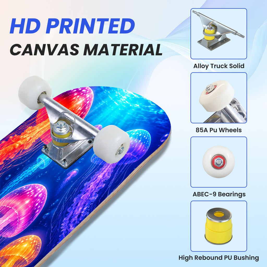 31"x8" Complete Skateboards for Beginners, Colorful Underwater Two Seahorses Coral Reefs Double Kick 7 Ply Canadian Maple Deck Skateboard with Wheels, Gifts for Kids Teens