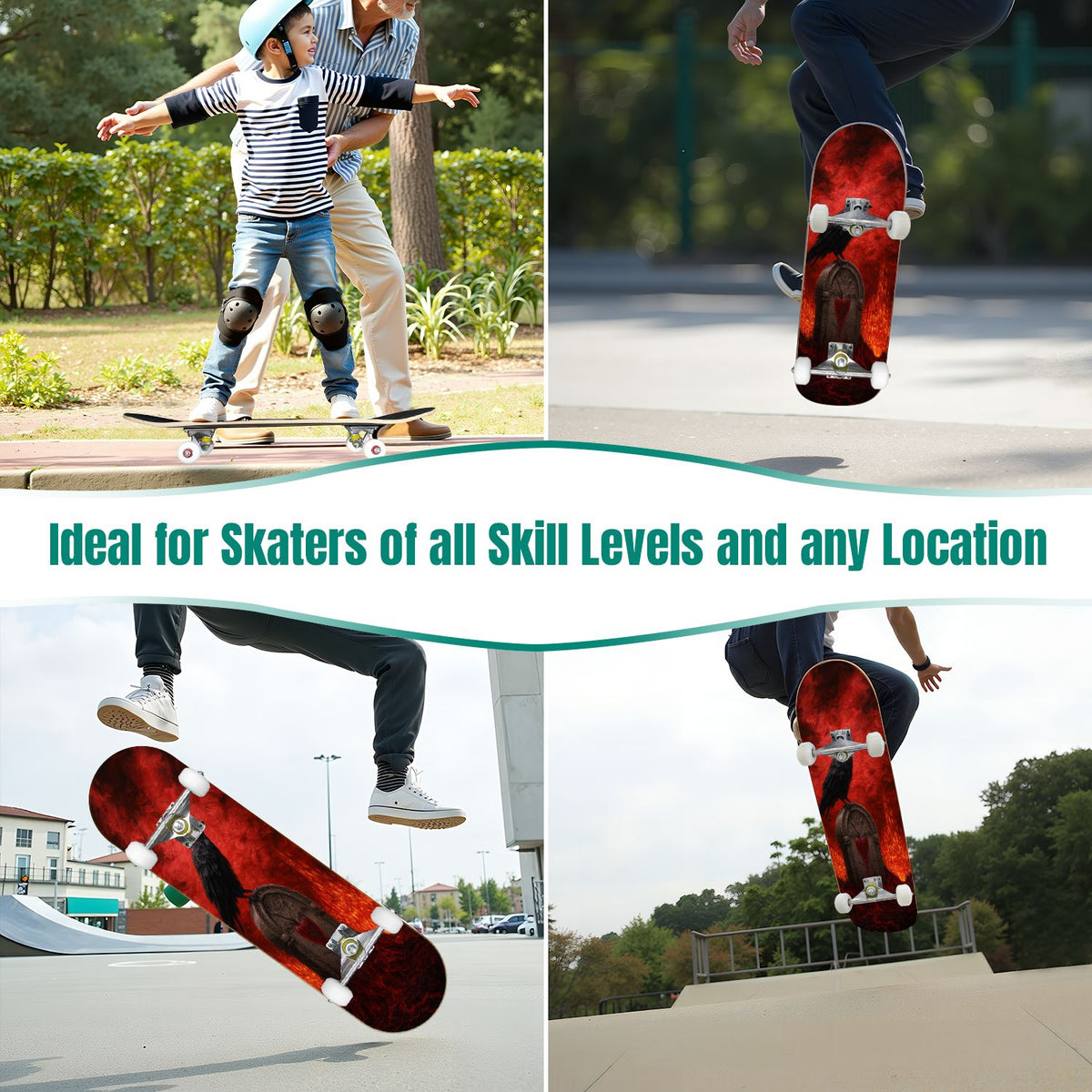 31"x8" Complete Skateboards for Beginners, Romantic Skeletons Blooming Roses Dark Academia Double Kick 7 Ply Canadian Maple Deck Skateboard with Wheels, Gifts for Kids Teens