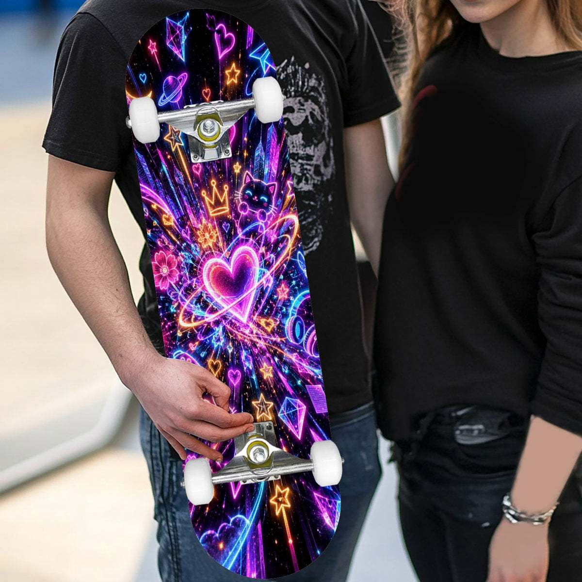 Complete Skateboard Colorful Hearts Graffiti 31 Inch 7-Ply Maple Skateboard with PU Wheels and Aluminum Trucks, Ready-to-Ride Skateboard for Beginners, Teens and Adults