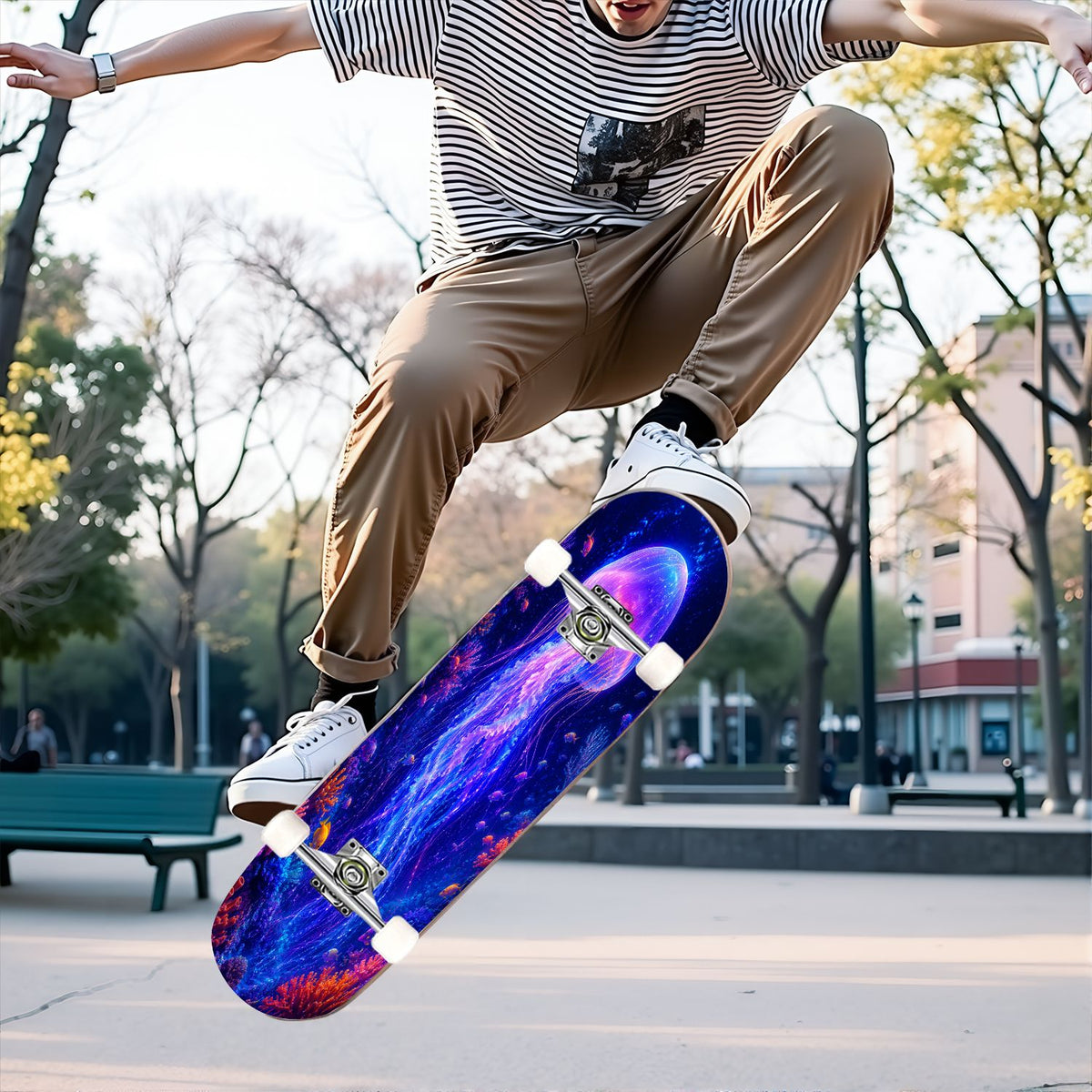 31"x8" Complete Skateboards for Beginners, Underwater Sharks Glowing Purple Jellyfish Marine Life Double Kick 7 Ply Canadian Maple Deck Skateboard with Wheels, Gifts for Kids Teens