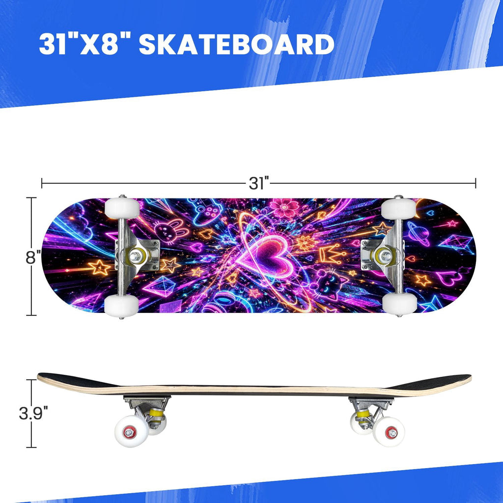 Complete Skateboard Colorful Hearts Graffiti 31 Inch 7-Ply Maple Skateboard with PU Wheels and Aluminum Trucks, Ready-to-Ride Skateboard for Beginners, Teens and Adults