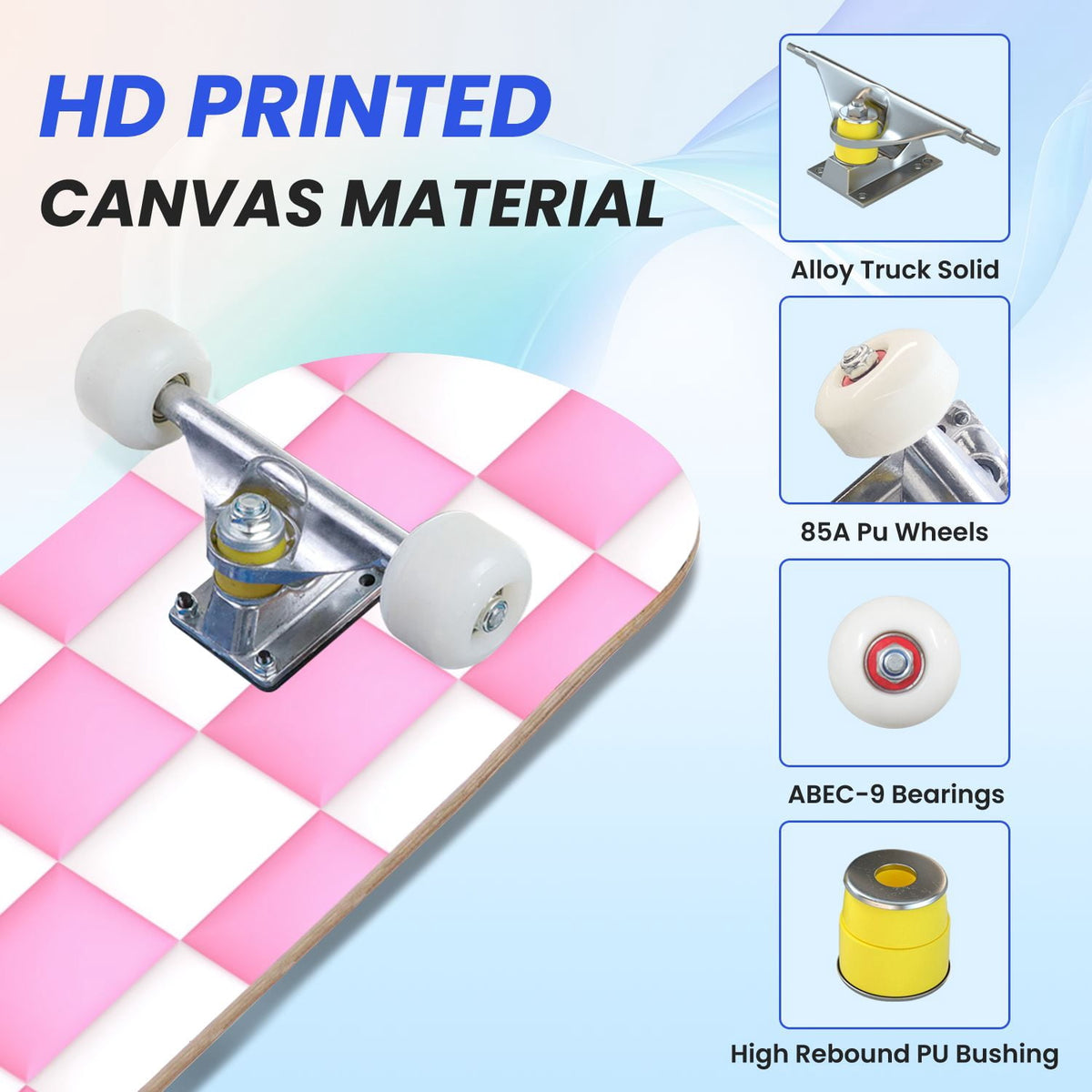 31"x8" Complete Skateboards for Beginners,Black Pink Checkered Retro Aesthetic Double Kick 7 Ply Canadian Maple Deck Skateboard with Wheels, Gifts for Kids Teens