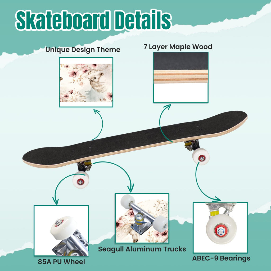 Botanical Floral Peonies Hummingbirds 31" x 8" Complete Skateboard, 7-Ply Canadian Maple Double Kick Trick Board for Kids and Beginners Adult Gifts