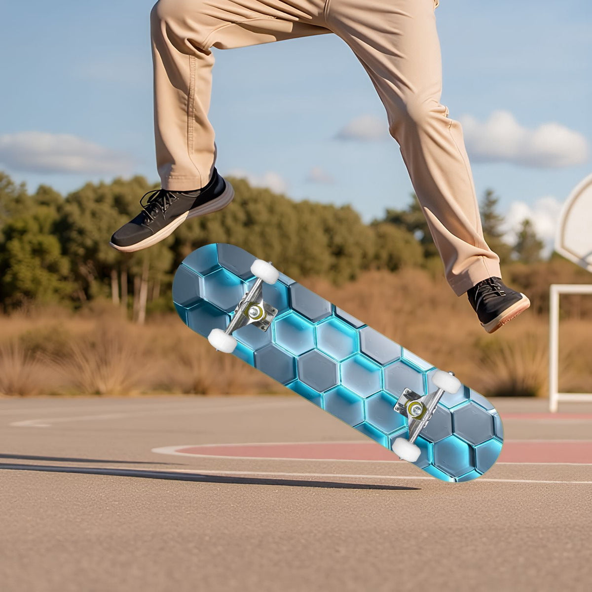 Futuristic Hexagonal Metallic Blue Glowing Orange Highlights 31" x 8" Complete Skateboard, 7-Ply Canadian Maple Double Kick Trick Board for Kids and Beginners Adult Gifts