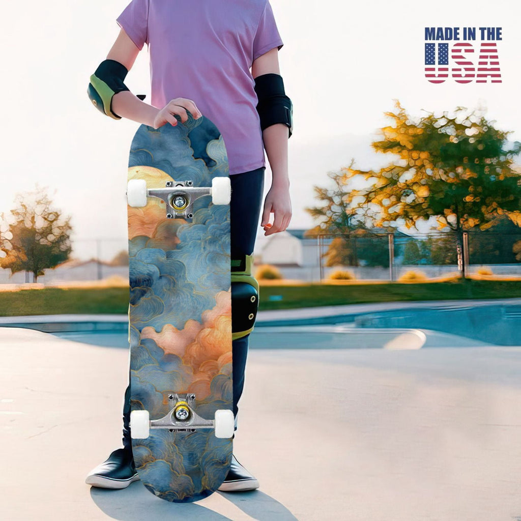 31"x8" Complete Skateboards for Beginners, Cute Light Blue Sky Cartoon Summer Decor Double Kick 7 Ply Canadian Maple Deck Skateboard with Wheels, Gifts for Kids Teens