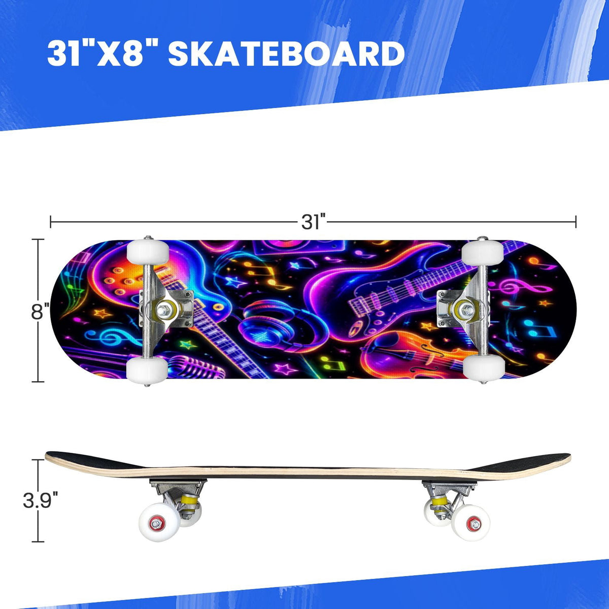 Complete Skateboard Vibrant Brush Stroke Art 31 Inch 7-Ply Maple Skateboard with PU Wheels and Aluminum Trucks, Ready-to-Ride Skateboard for Beginners, Teens and Adults