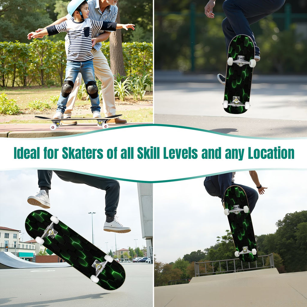 31"x8" Complete Skateboards for Beginners, Abstract Geometric Vibrant Neon Line Accents Dark Futuristic Double Kick 7 Ply Canadian Maple Deck Skateboard with Wheels, Gifts for Boys Teens