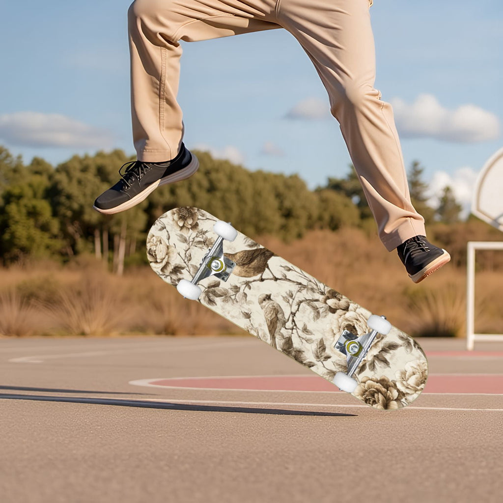 Vintage Floral Bird Sepia Tones 31" x 8" Complete Skateboard, 7-Ply Canadian Maple Double Kick Trick Board for Kids and Beginners Adult Gifts