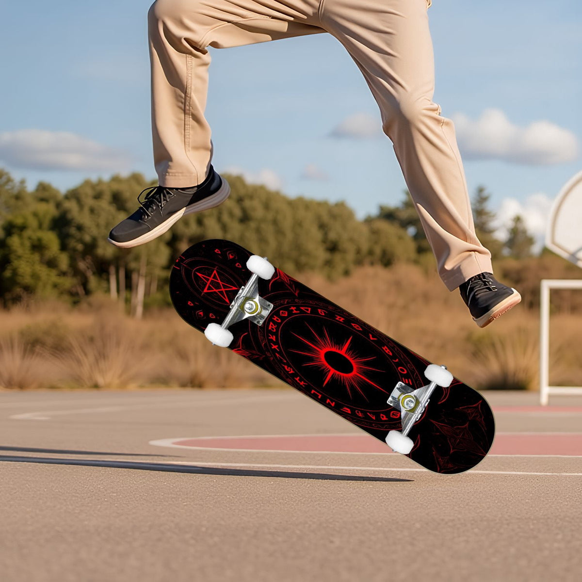 Red Mystic Circle Eyes Occult Symbols Dark Abstract Art 31" x 8" Complete Skateboard, 7-Ply Canadian Maple Double Kick Trick Board for Kids and Beginners Adult Gifts