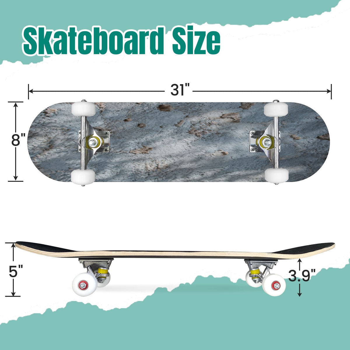 Modern Botanical Watercolor Pink Gold Mint Navy Leaves 31" x 8" Complete Skateboard, 7-Ply Canadian Maple Double Kick Trick Board for Kids and Beginners Adult Gifts