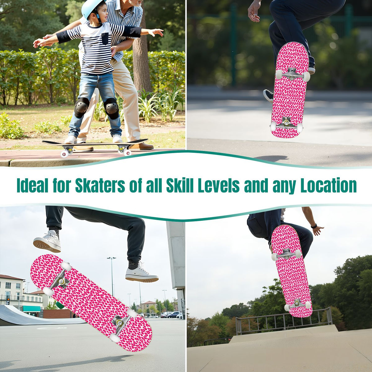 31"x8" Complete Skateboards for Beginners, Seamless Pink Peony Floral Cream Double Kick 7 Ply Canadian Maple Deck Skateboard with Wheels, Gifts for Girls Teens